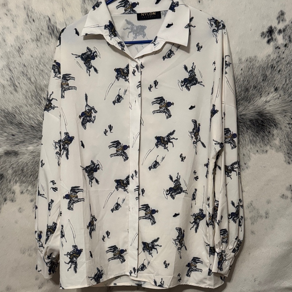 White and Blue Cowboy Print Button-Up Shirt